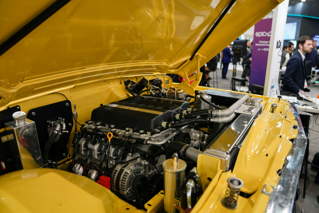 A hydrogen combustion engine designed by Motul in conjunction with GCK Battery is seen on display during the CES tech show Tuesday, Jan. 9, 2024, in Las Vegas.