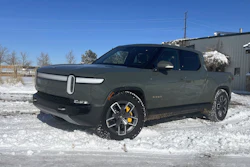 This photo provided by Edmunds shows a Rivian R1T electric pickup near Boulder, Colorado.