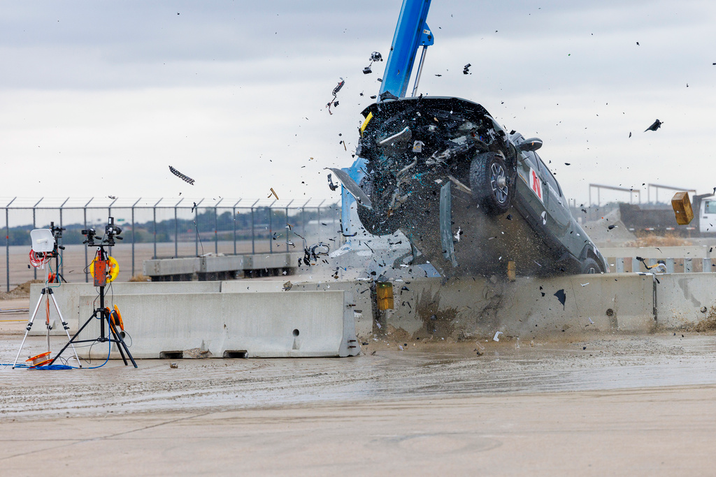 A 2022 Rivian R1T is used for a crash test research by the U.S. Army Corps of Engineers and Development Center and the University of Nebraska-Lincoln's Midwest Roadside Safety Facility on Oct. 12, 2023 in Lincoln, Neb.