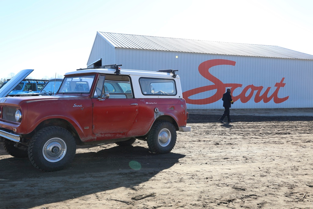 Scout Motors shows off one of its older gasoline powered models at a ceremony to celebrate the start of construction of its new electric SUV, Thursday, Feb. 15, 2024, in Blythewood, S.C.