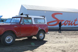 Scout Motors shows off one of its older gasoline powered models at a ceremony to celebrate the start of construction of its new electric SUV, Thursday, Feb. 15, 2024, in Blythewood, S.C.