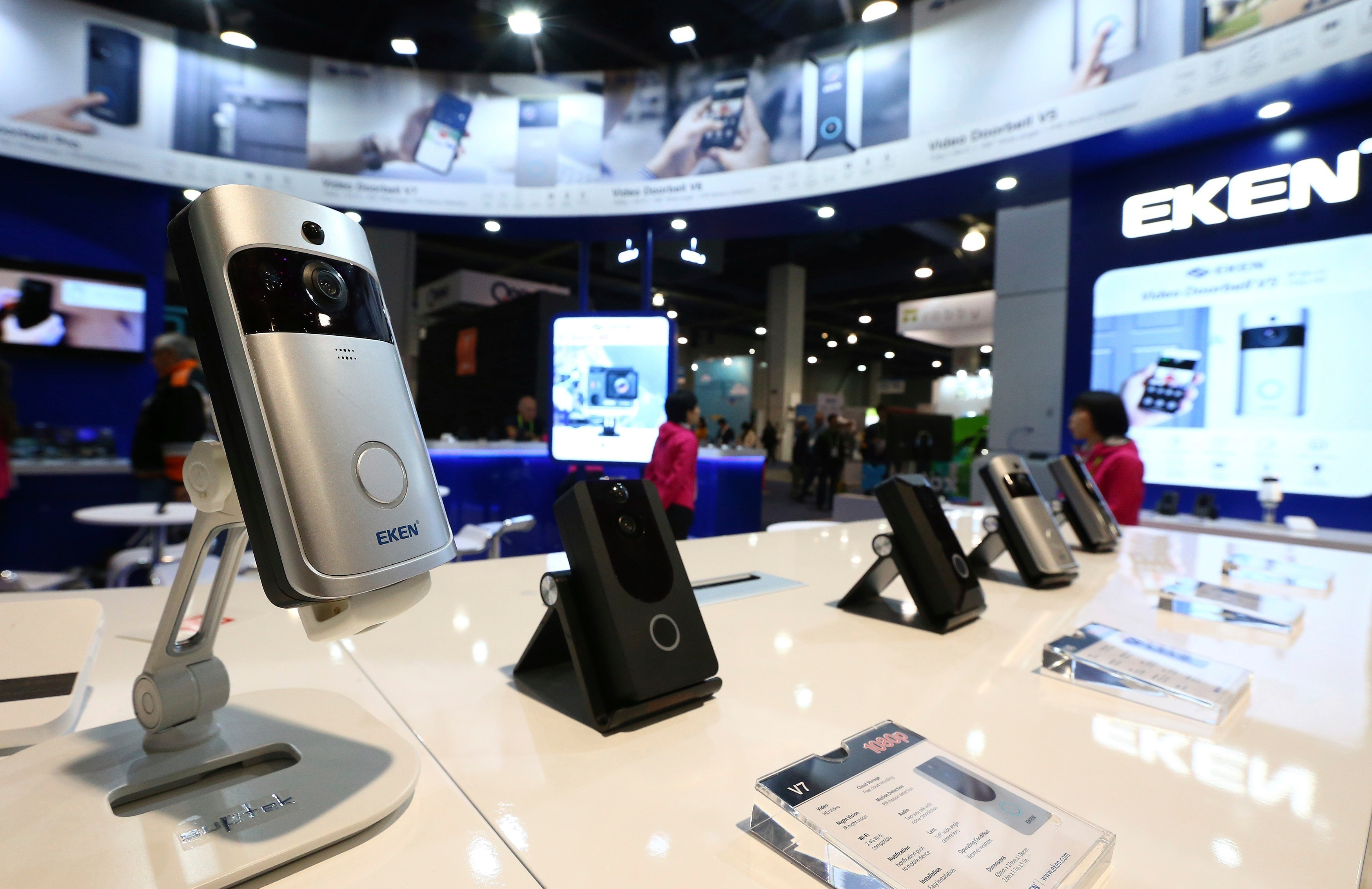 An EKEN doorbell camera, along with other models, are shown on display at CES International, Jan. 10, 2019, in Las Vegas.