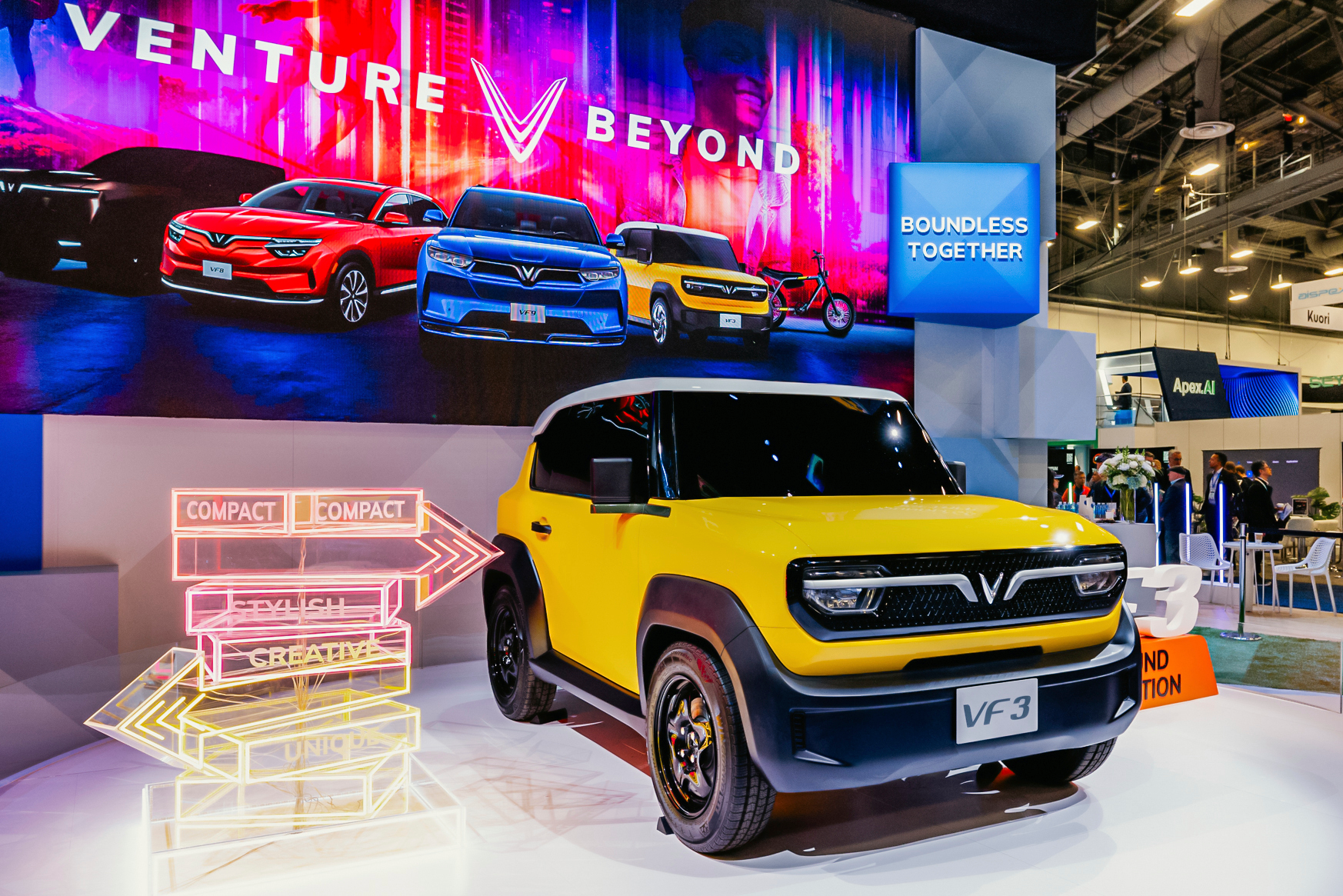 Vinfast electric car VF3 at an event in Las Vegas.