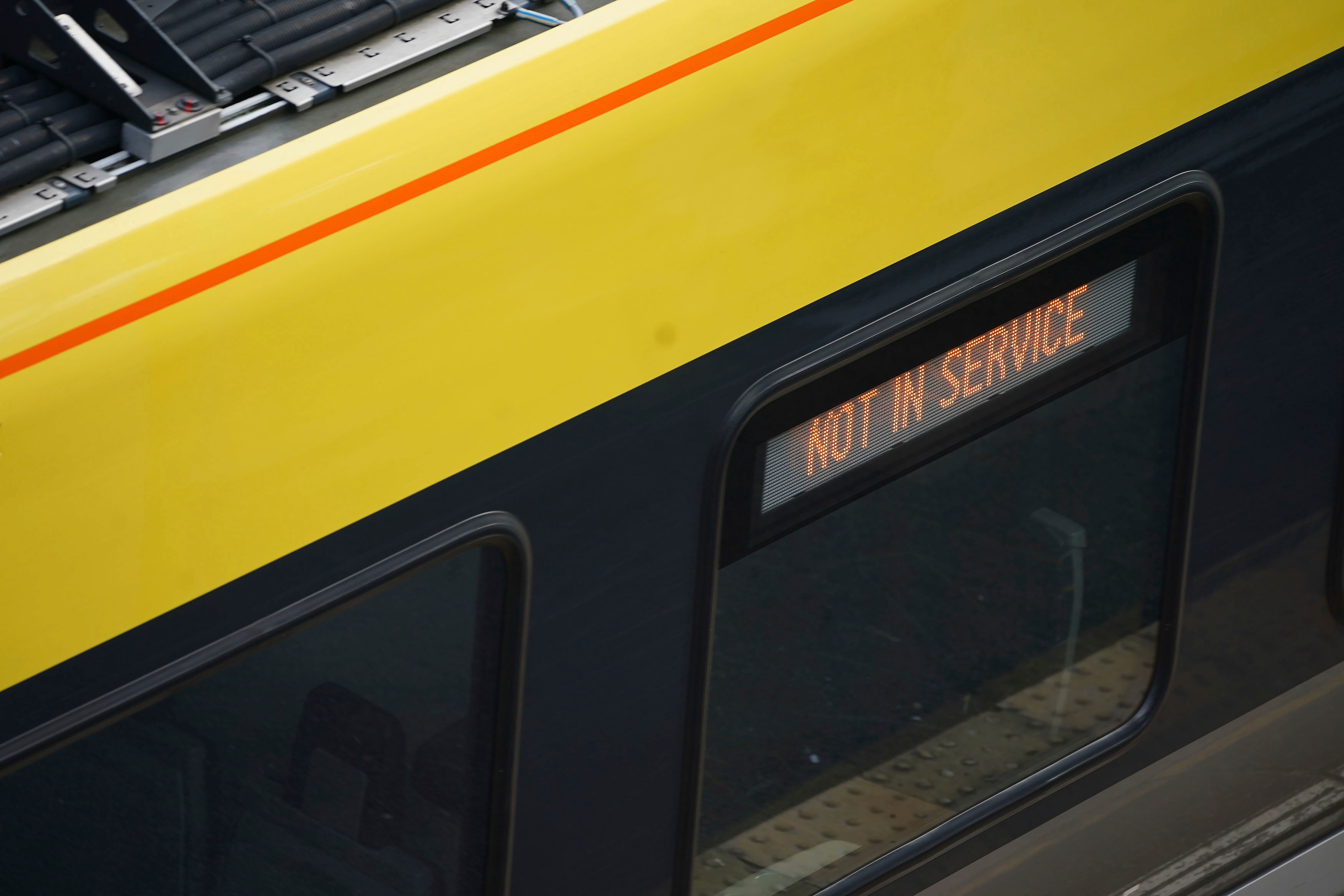 This shows a general view of a Great Northern railway train at Hunt's Cross station in Liverpool, England amid reports of widespread IT outages affecting airlines, broadcasters and ()
