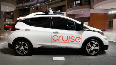 In this Jan. 16, 2019, photo, Cruise AV, General Motor's autonomous electric Bolt EV is displayed in Detroit.