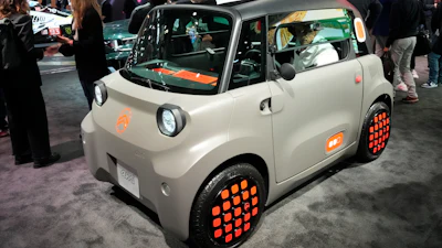 A Citroën Ami car is presented at the Paris Auto Show, in Paris, Monday, Oct. 14, 2024.