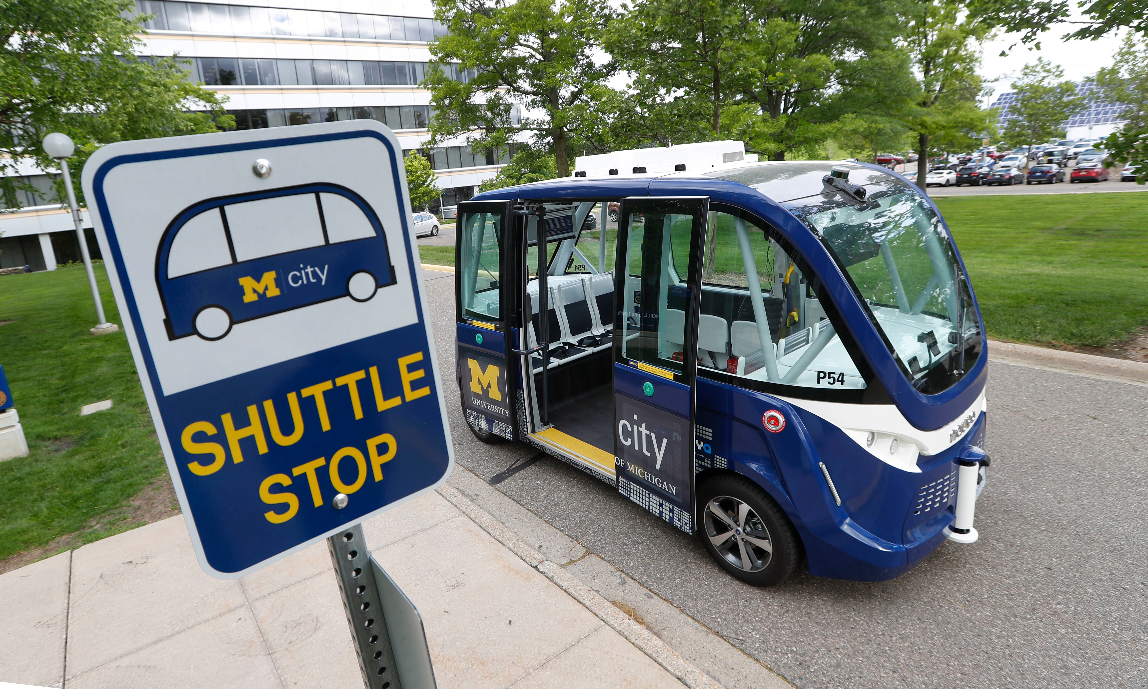 An Mcity driverless shuttle makes a stop on June 4, 2018 at the University of Michigan in Ann Arbor, Mich.