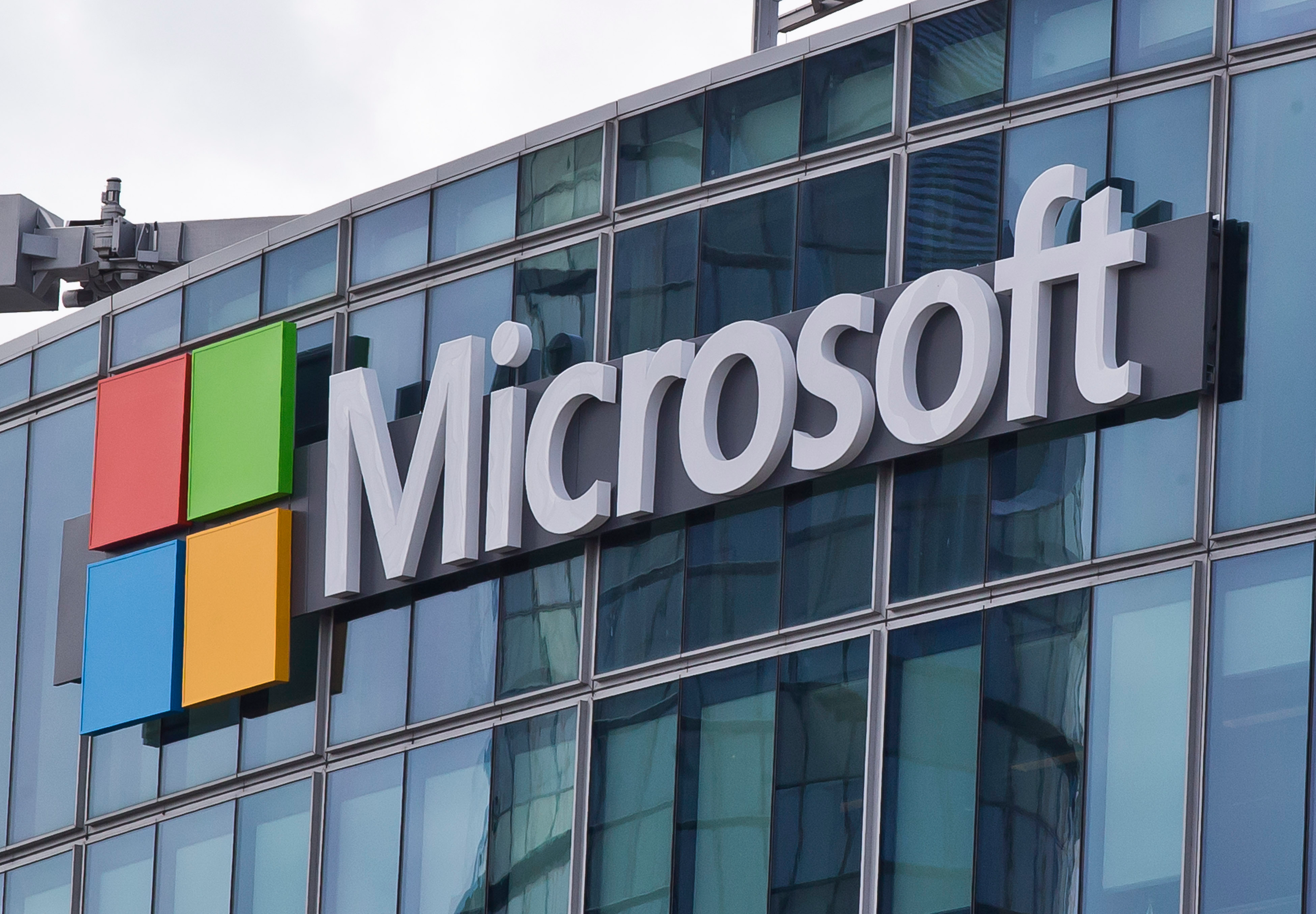 This April 12, 2016, file photo shows the Microsoft logo in Issy-les-Moulineaux, outside Paris, France.