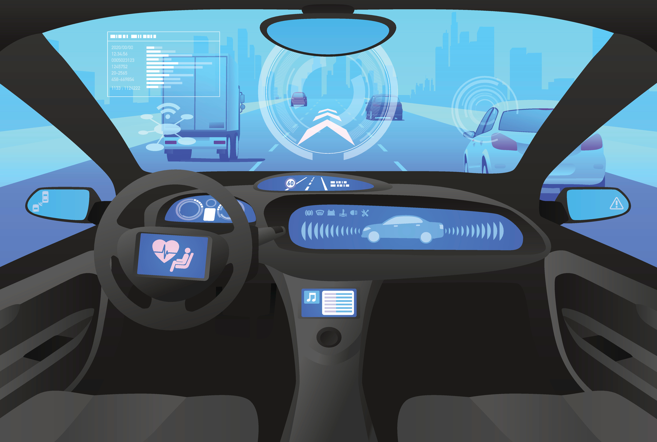 Automobile Cockpit, Various Information Monitors And Head Up Displays