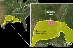 Map of the U.S. showing inset with a shaded area indicating Smackover Formation and Sampling area.