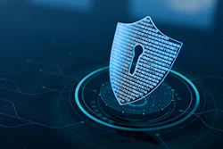 A cybersecurity shield logo.