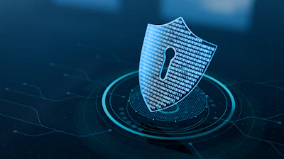 A cybersecurity shield logo.
