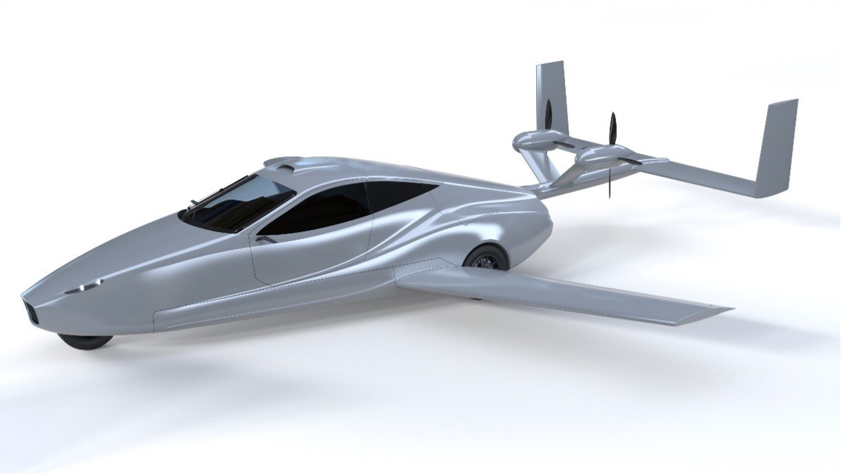 Switchblade flying sports car in flying mode with swingwings out.