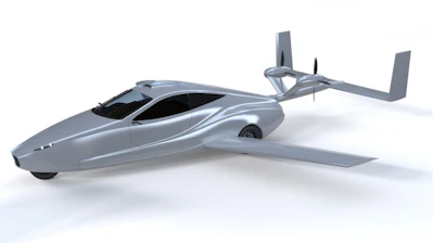 Switchblade flying sports car in flying mode with swingwings out.
