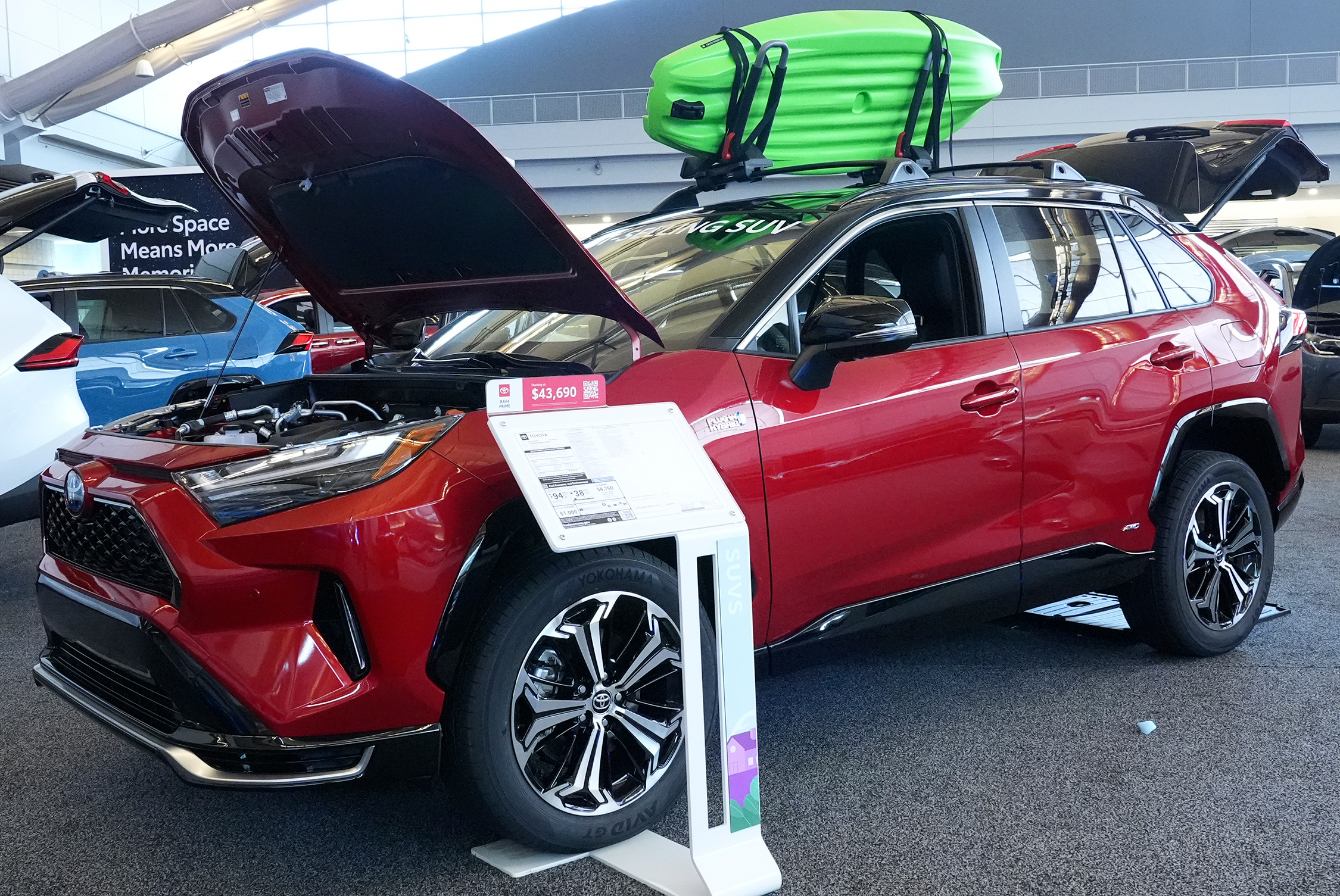 A Toyota RAV4 Prime is displayed at the Pittsburgh International Auto Show in Pittsburgh, Feb. 15, 2024.