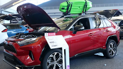 A Toyota RAV4 Prime is displayed at the Pittsburgh International Auto Show in Pittsburgh, Feb. 15, 2024.