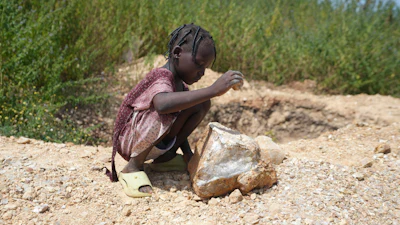 Juliet Samaniya, 6, chips at a rock with a stone tool at an illegal lithium mining site in Paseli, Nigeria, Tuesday, Nov 5, 2024.