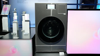 The Samsung Bespoke AI Washing Machine is displayed at a Samsung booth during the CES tech show Wednesday, Jan. 8, 2025, in Las Vegas.