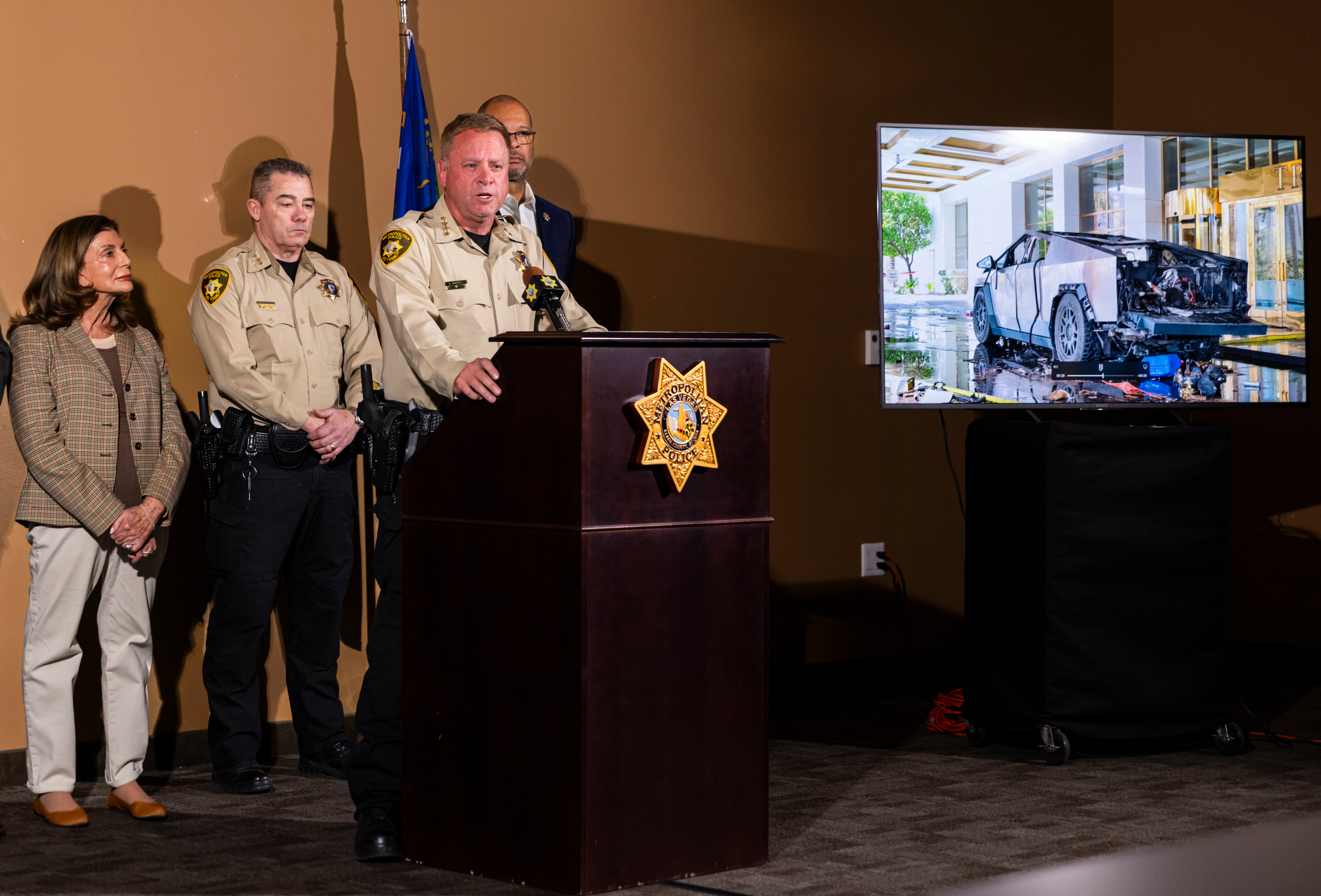 Clark County Sheriff Kevin McMahill briefs the media about the Tesla Cybertruck which exploded in front of the entrance to Trump International Hotel in Las Vegas Wednesday, Jan. 1, 2025, in Las Vegas.