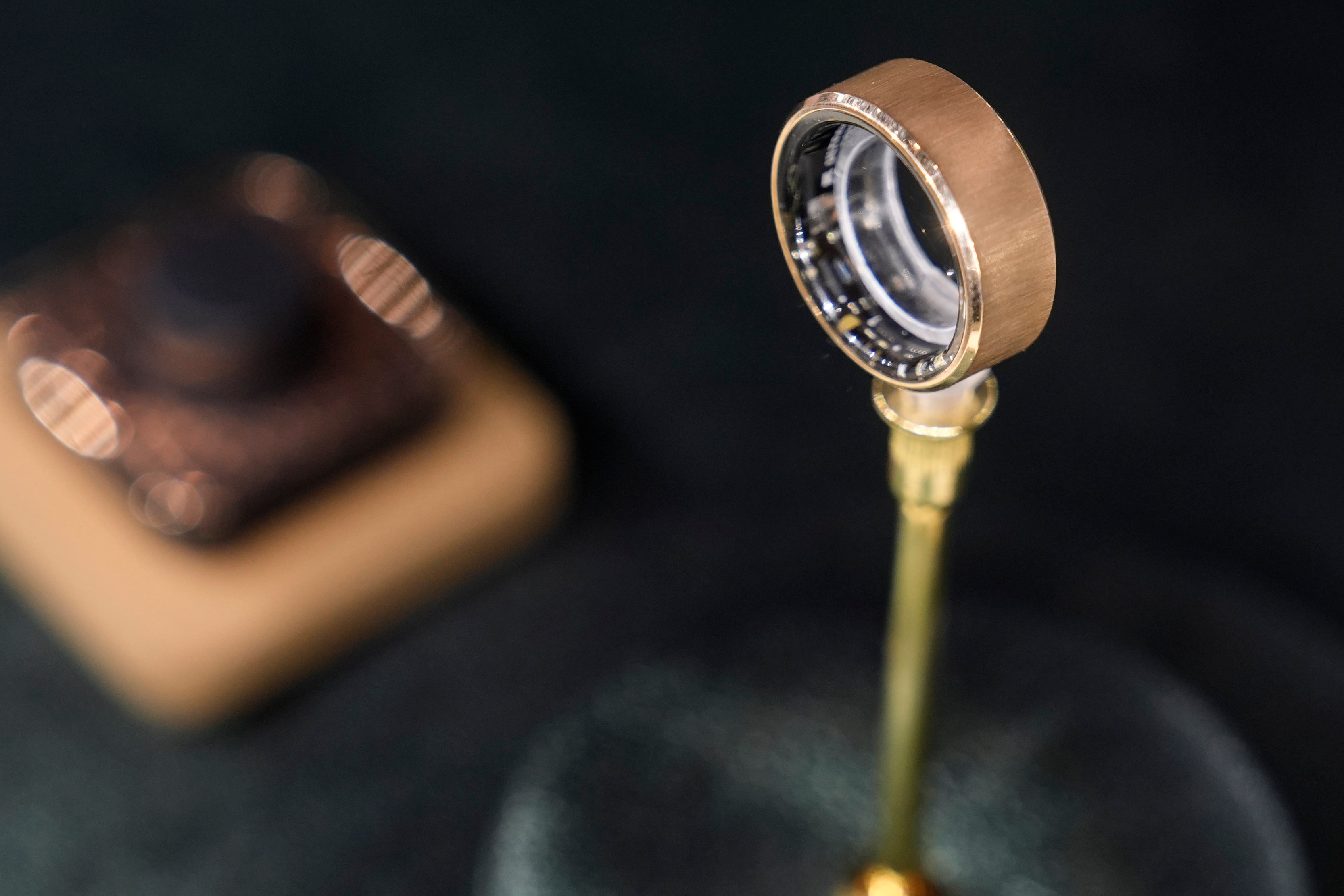 The Ultrahuman Rare luxury smart ring is on display at the Ultrahuman booth during the CES tech show Wednesday, Jan. 8, 2025, in Las Vegas.