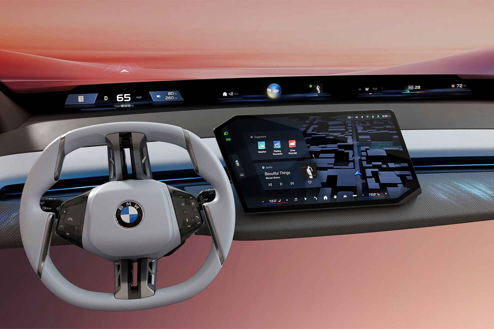 This photo provided by BMW shows the company's new Panoramic iDrive interface. It features a dash-spanning display atop the dash to help drivers better access controls and information with less distraction.