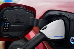 A 2023 Ford Mustang Mach-E charges, March 8, 2024, at an electric vehicle charging station in London, Ohio.