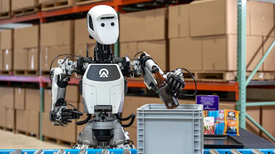 Apptronik's humanoid robot, Apollo, kitting in a warehouse demo.