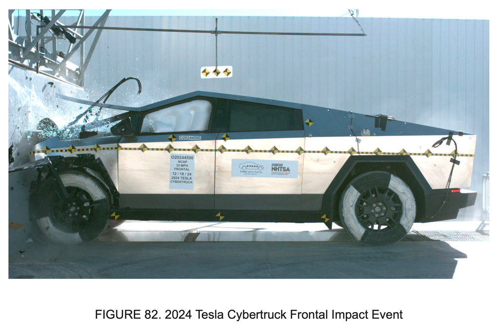 This image from a National Highway Traffic Safety Administration report released on Jan. 14, 2025 shows a crash test of a 2024 Tesla Cybertruck in Adelanto, Calif., on Dec. 18, 2024.