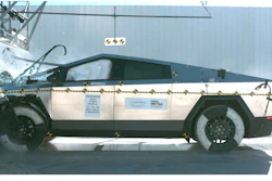 This image from a National Highway Traffic Safety Administration report released on Jan. 14, 2025 shows a crash test of a 2024 Tesla Cybertruck in Adelanto, Calif., on Dec. 18, 2024.