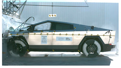 This image from a National Highway Traffic Safety Administration report released on Jan. 14, 2025 shows a crash test of a 2024 Tesla Cybertruck in Adelanto, Calif., on Dec. 18, 2024.