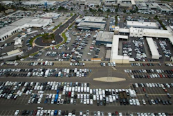 An aerial view shows auto dealerships in Cerritos, Calif., Thursday, March 27, 2025.