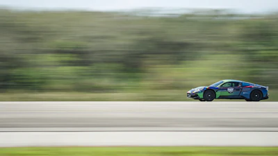 Indy Autonomous Challenge Maserati MC20 with AI-Driver from Politecnico di Milano setting the autonomous land speed record at the Kennedy Space Center.
