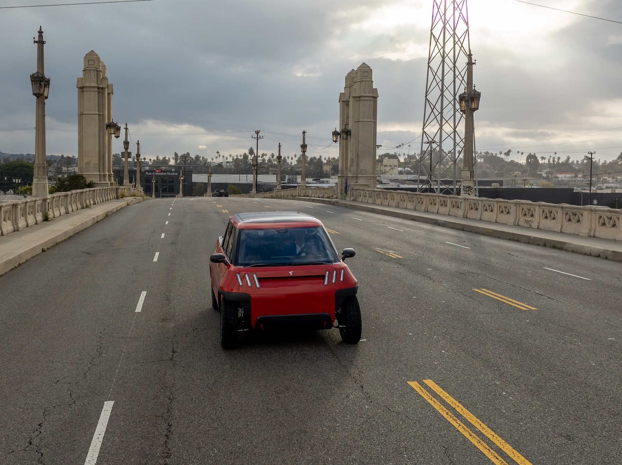 Telo Trucks drives across the 4th Street Bridge in Los Angeles, California.