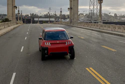 Telo Trucks drives across the 4th Street Bridge in Los Angeles, California.