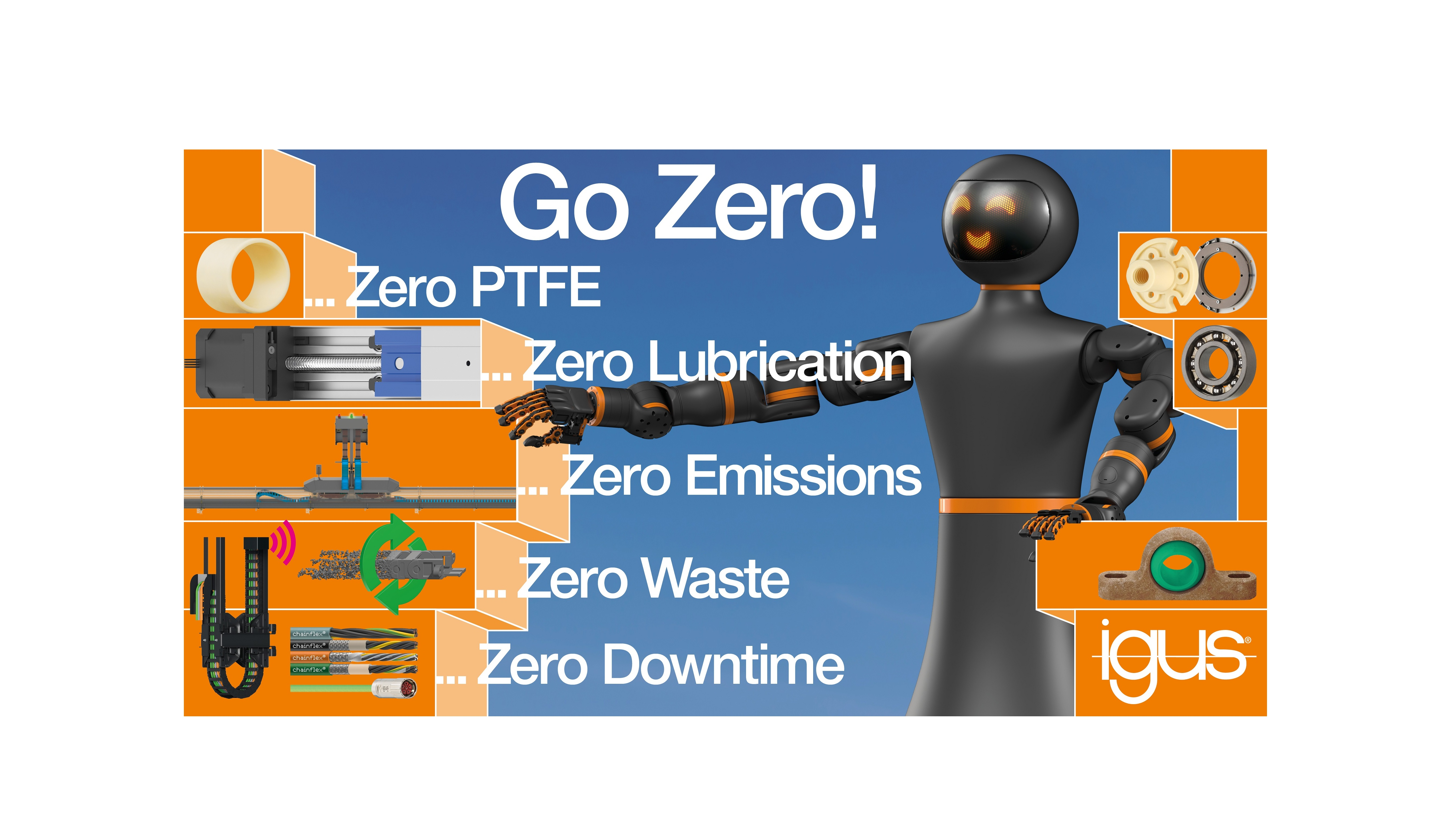 In line with the motto 'Go Zero Lubrication,' igus is presenting 277 lubrication-free plastic innovations this year, including PTFE-free materials, a complete energy chain series made from recycled material and a humanoid robot.