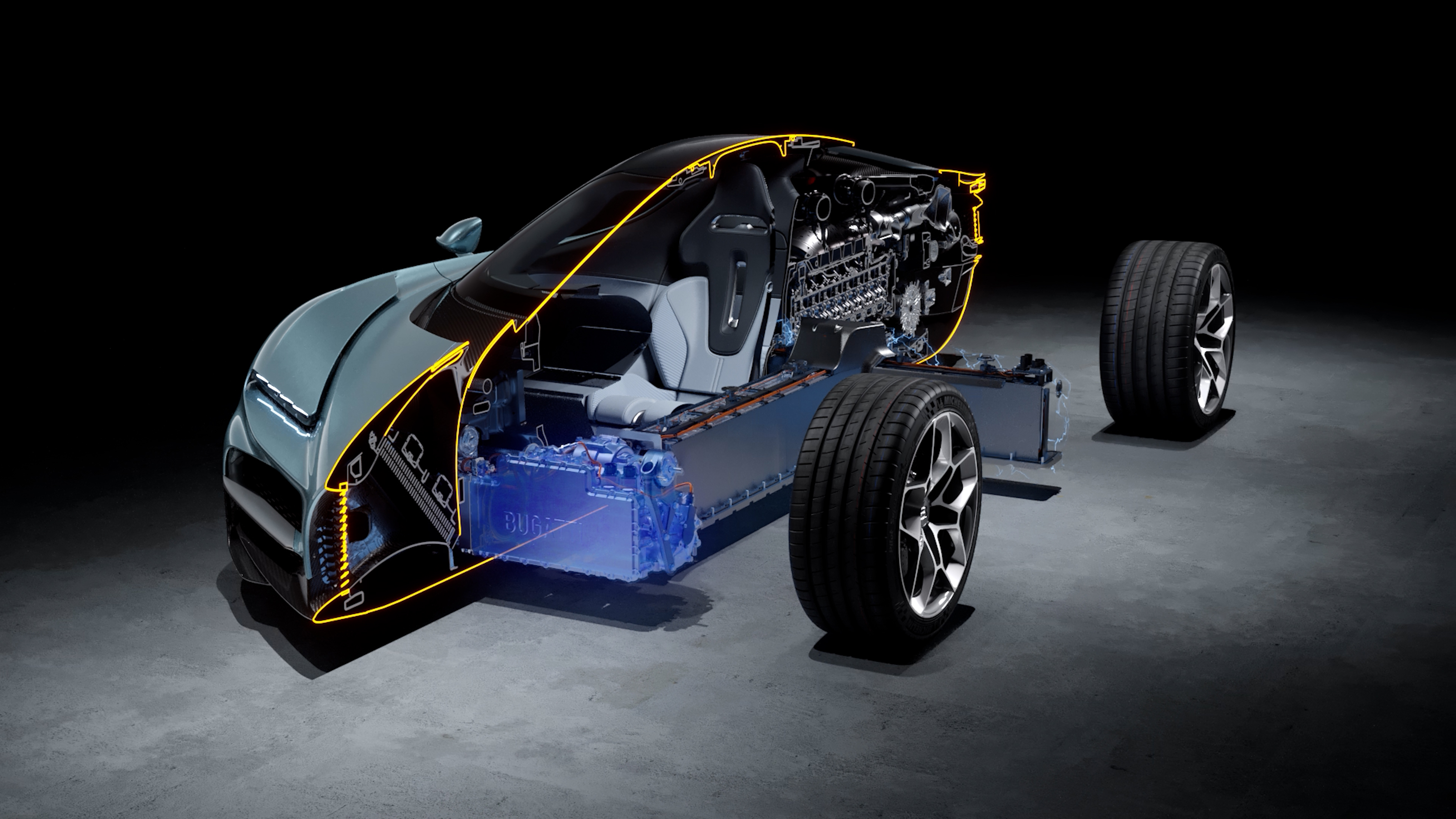 Electric vehicle technical cutaway showing chassis, battery, and powertrain components