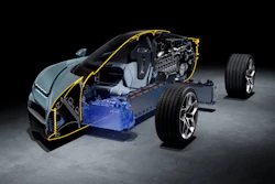 Electric vehicle technical cutaway showing chassis, battery, and powertrain components