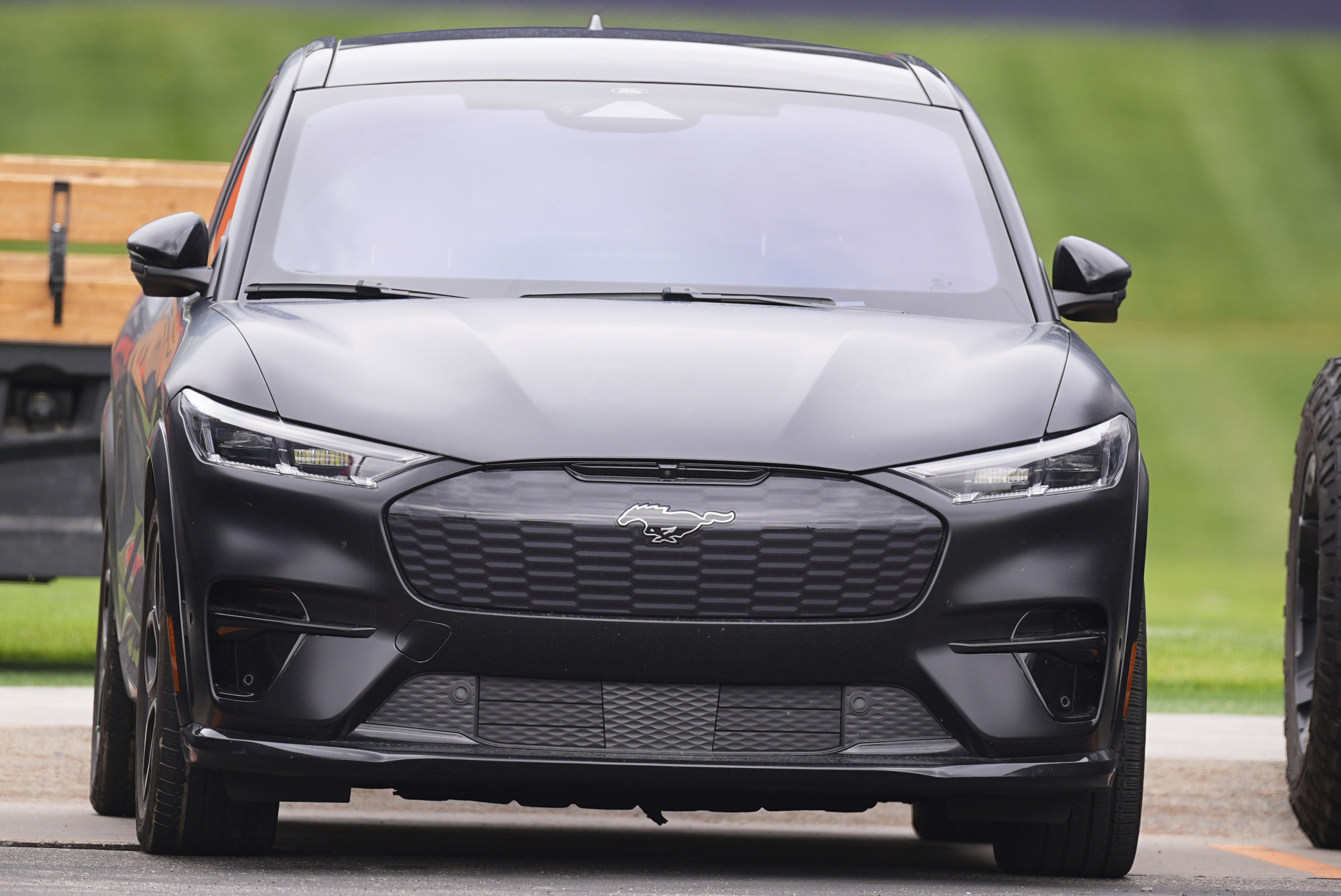 Black Ford Mustang Mach-E electric SUV parked on road with green background