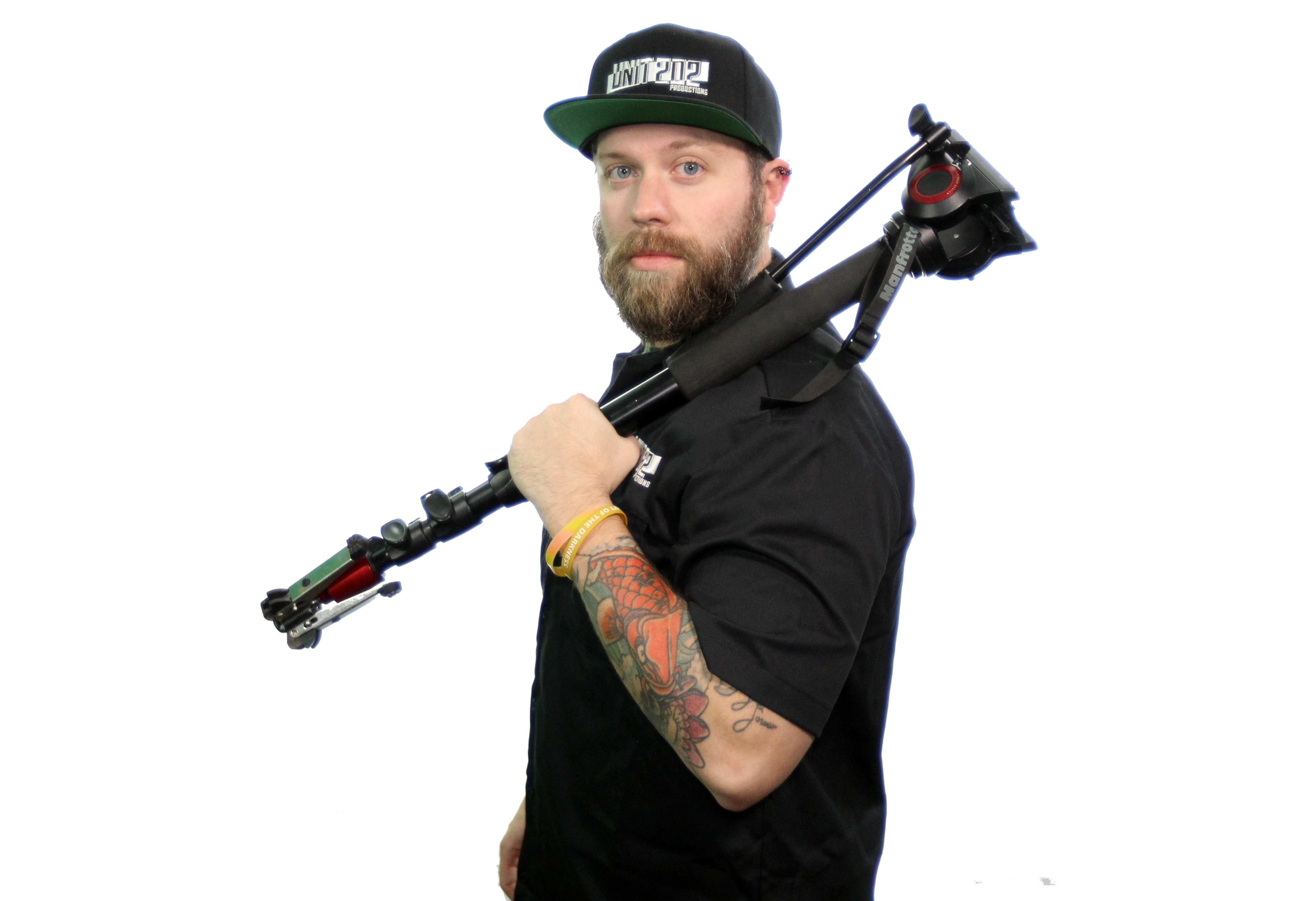 Bearded man in black hat holding camera tripod over shoulder Headshot