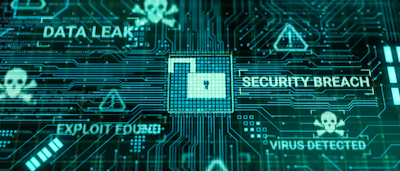 Cybersecurity breach visualization with glowing cyan circuit patterns, lock icon, and warning messages about data leaks and viruses
