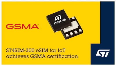 ST4SIM-300 eSIM chip with GSMA certification on yellow and blue background