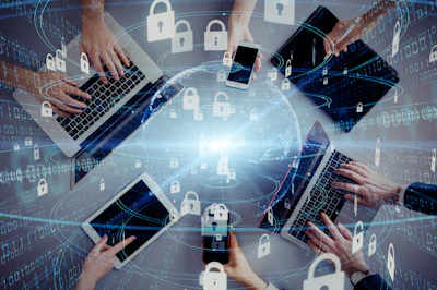 Cybersecurity network with digital devices and lock icons showing global data protection