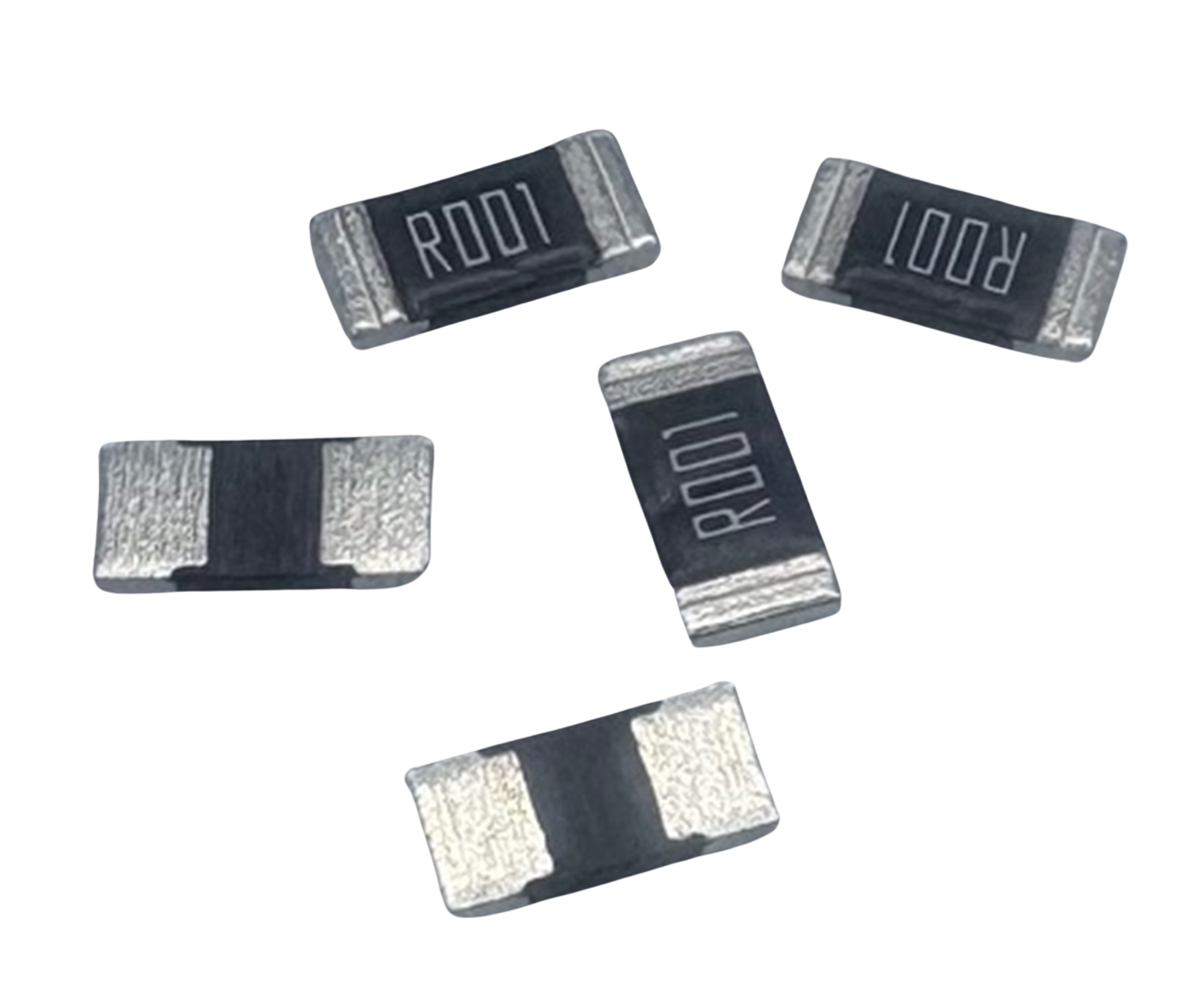 Surface-mount resistors in black and silver with printed resistance values