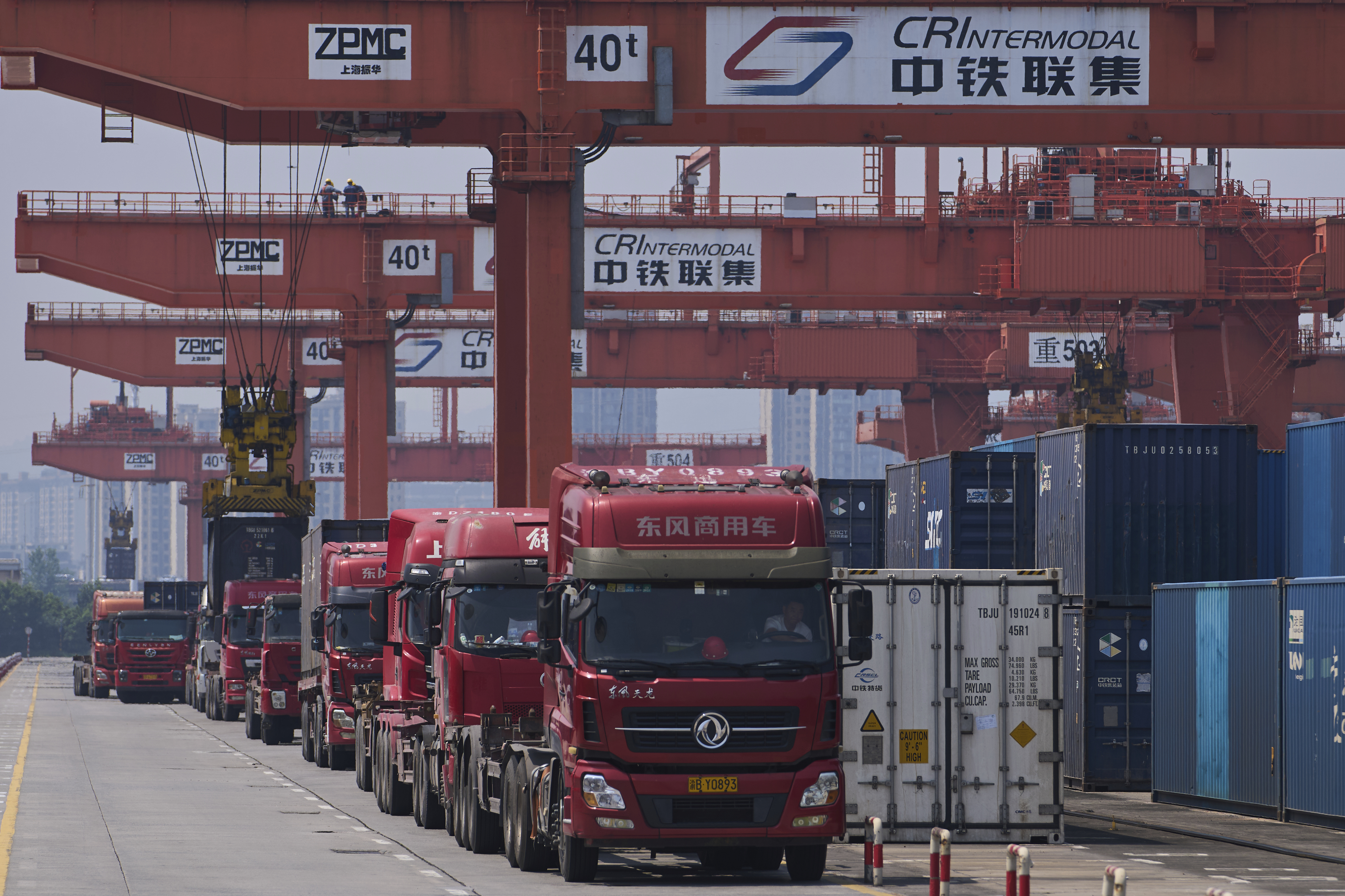 Red trucks lined up at container terminal with large cargo cranes