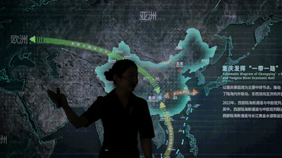 Silhouette analyzing China economic map projection with green and gray geographical visualization