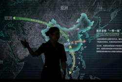 Silhouette analyzing China economic map projection with green and gray geographical visualization