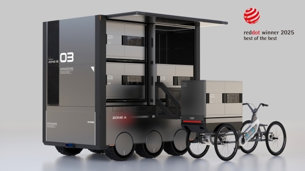 Futuristic modular transport vehicle with gray compartments and bicycle attachment