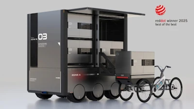 Futuristic modular transport vehicle with gray compartments and bicycle attachment
