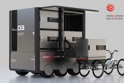 Futuristic modular transport vehicle with gray compartments and bicycle attachment