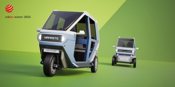 Innovative three-wheeled electric urban mobility vehicle in green and blue tones